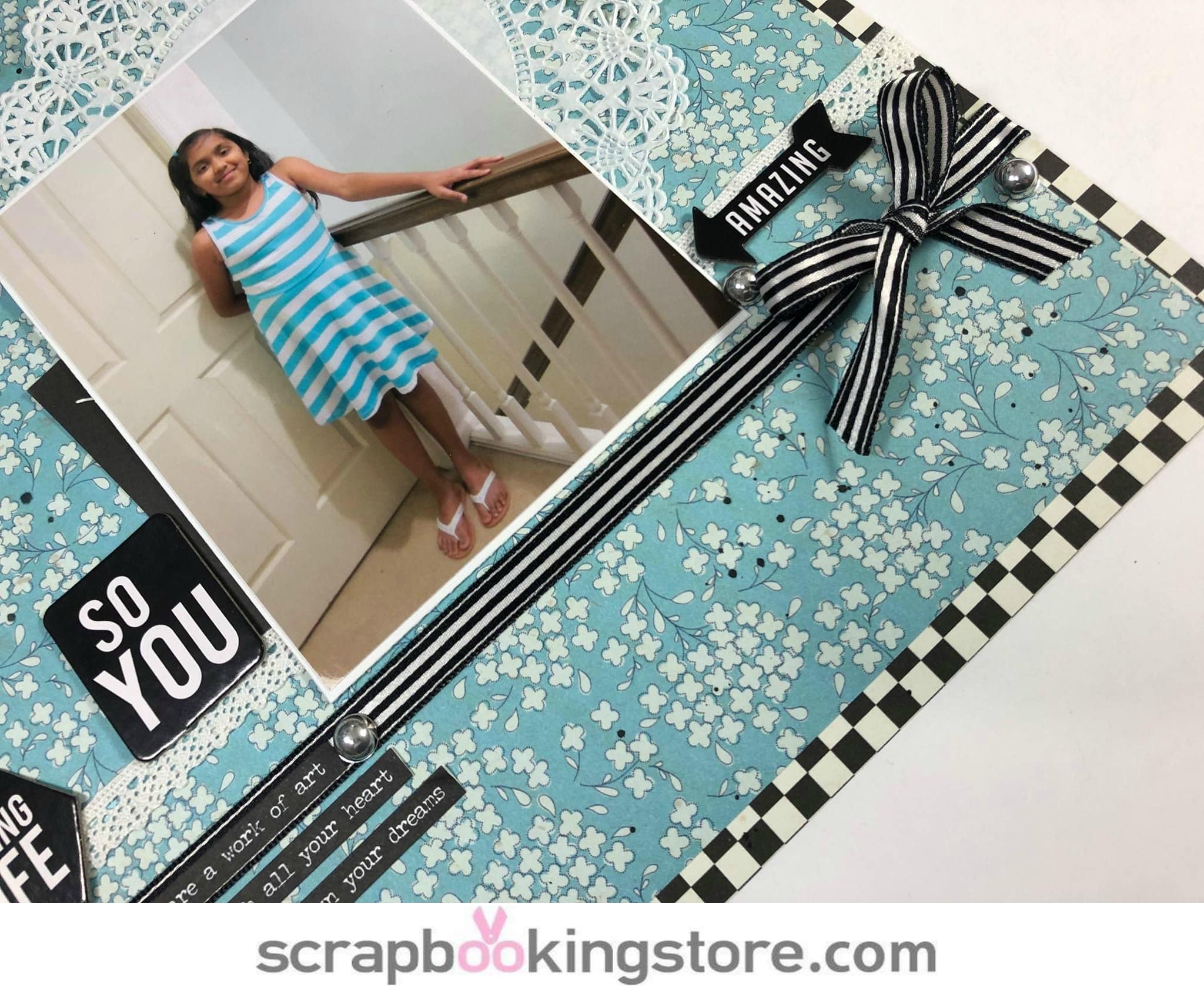 Monochromatic scrapbook layout by Becky using ScrapbookingStore April 2019 monthly kit with a girl photo