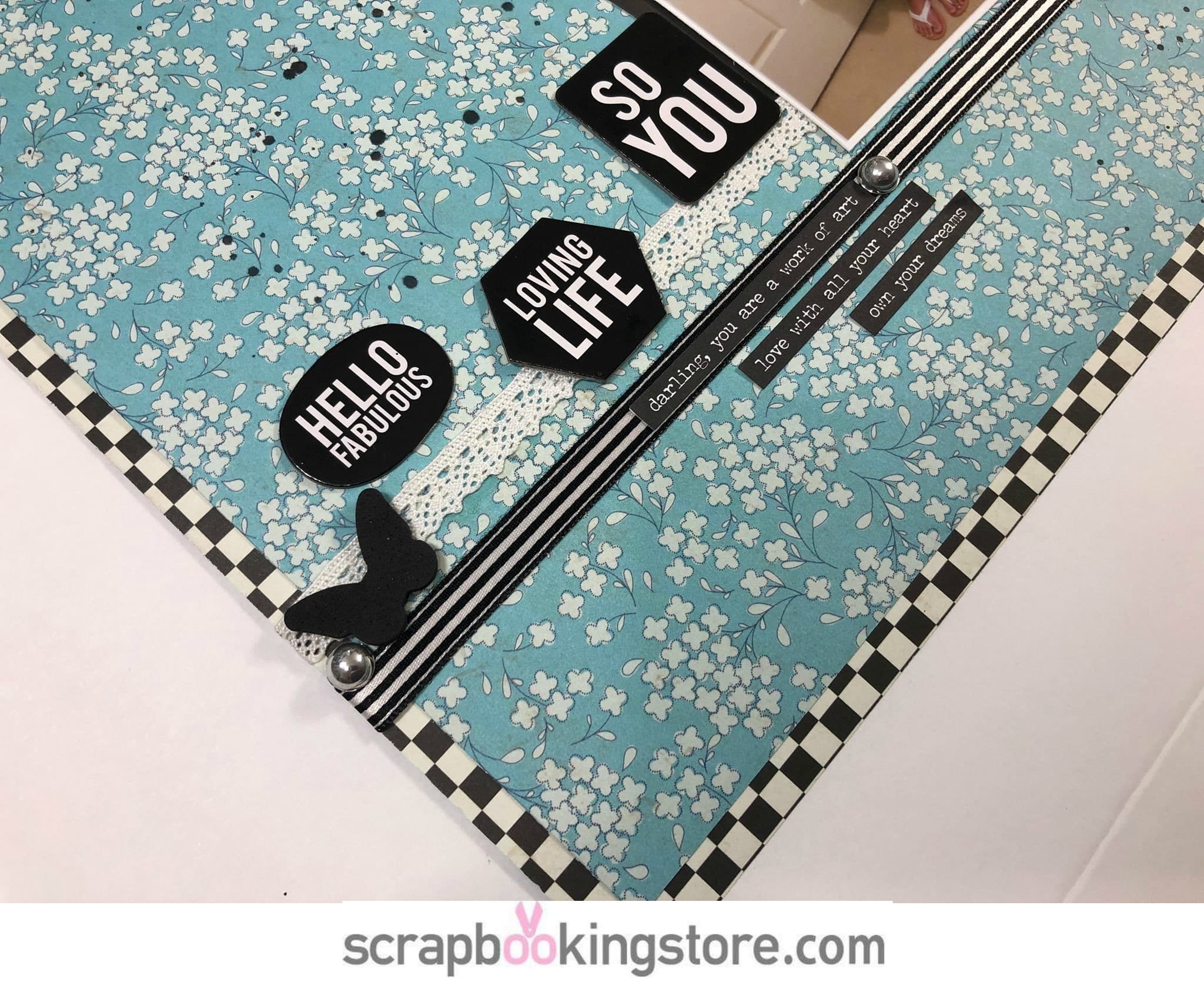 Monochromatic scrapbook layout by Becky using ScrapbookingStore April 2019 monthly kit with a girl photo