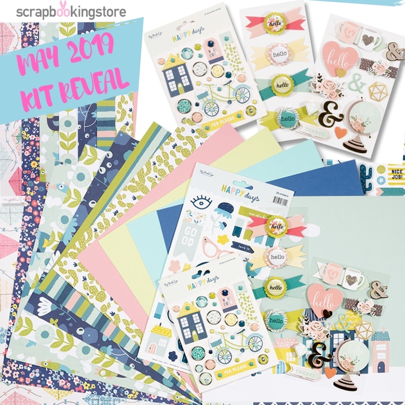 Happy Days collection by My Mind’s Eye, My Mind’s Eye Happy Days Brads, 25 pieces, American Crafts Hello Pretty Bows, 4 bows, Remarks Hello 3D Stickers, 12 pieces