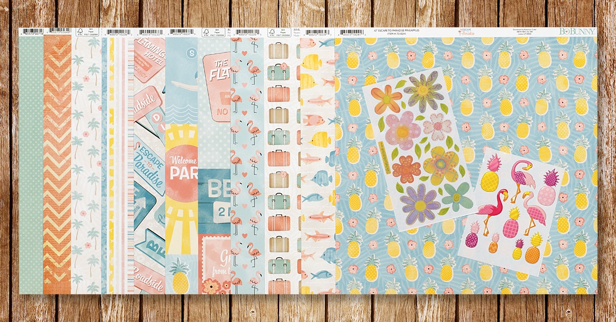 ScrapbookingStore monthly subscription kit - July 2019 kit called "Escape to Paradise"collection by Bo Bunny