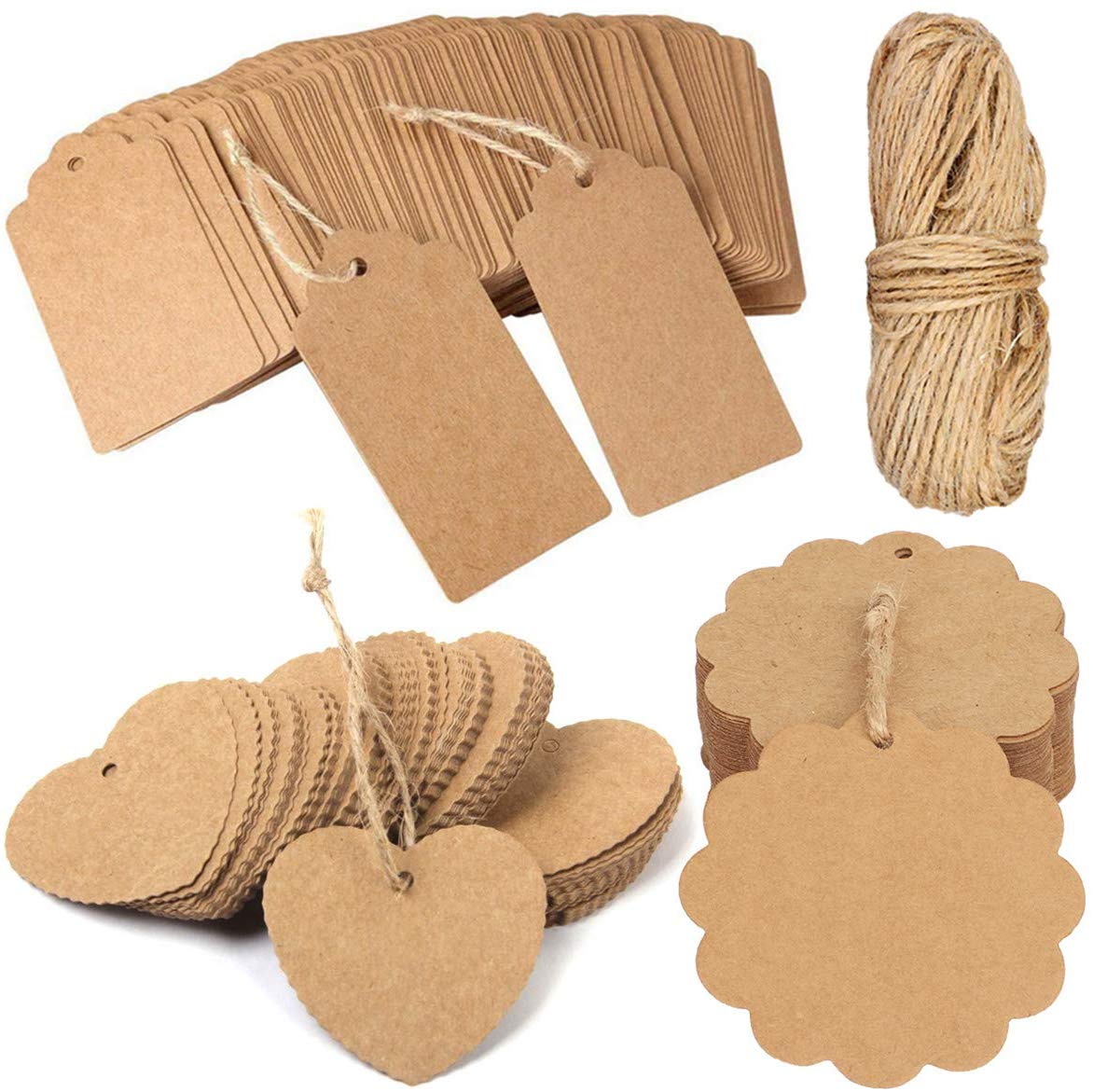 Gift Tags with Twine Blank Tags 180 Pieces Christmas Tags Vintage Kraft Paper Tags,Brown Tags Hang Labels Crafts Wedding Favor Tags Bridal Shower Tags 3 Different Designs Decorative Tags